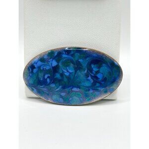 Vintage Inga Carlson Signed Enamel Oval Brooch Pin Blues Copper‎